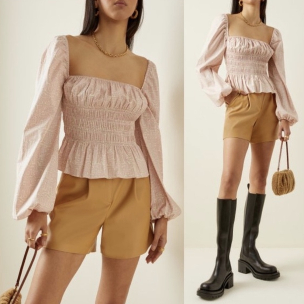 STAUD Jules Smocked Peplum Top Balloon Sleeves Pastel Maze Pink Peasant Sz S